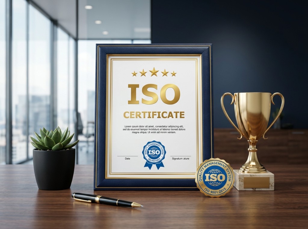 Framed ISO 9001:2015 certificate on office desk with gold trophy and quality seal