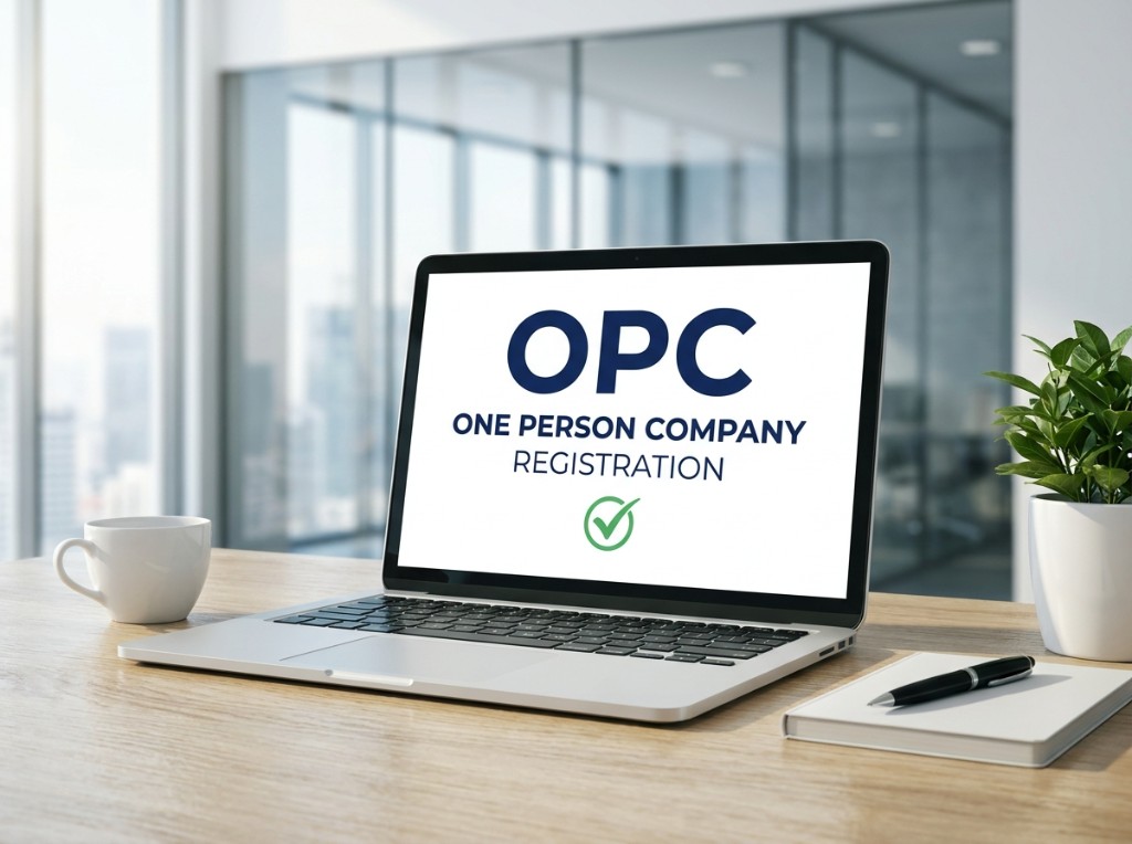Laptop showing OPC One Person Company Registration on a desk
