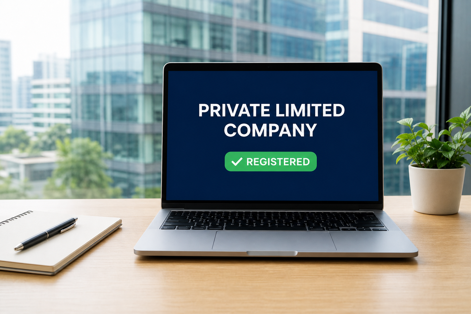 Laptop showing Private Limited Company Registered on a desk