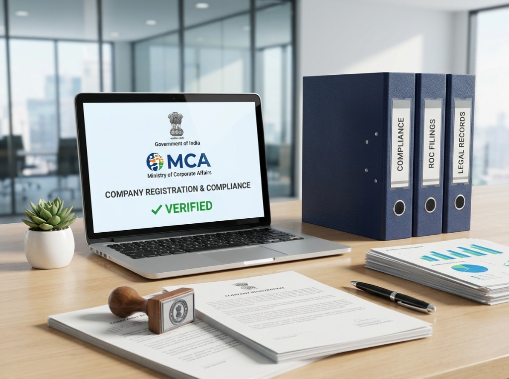 MCA company registration and compliance verified on laptop with ROC filings binders
