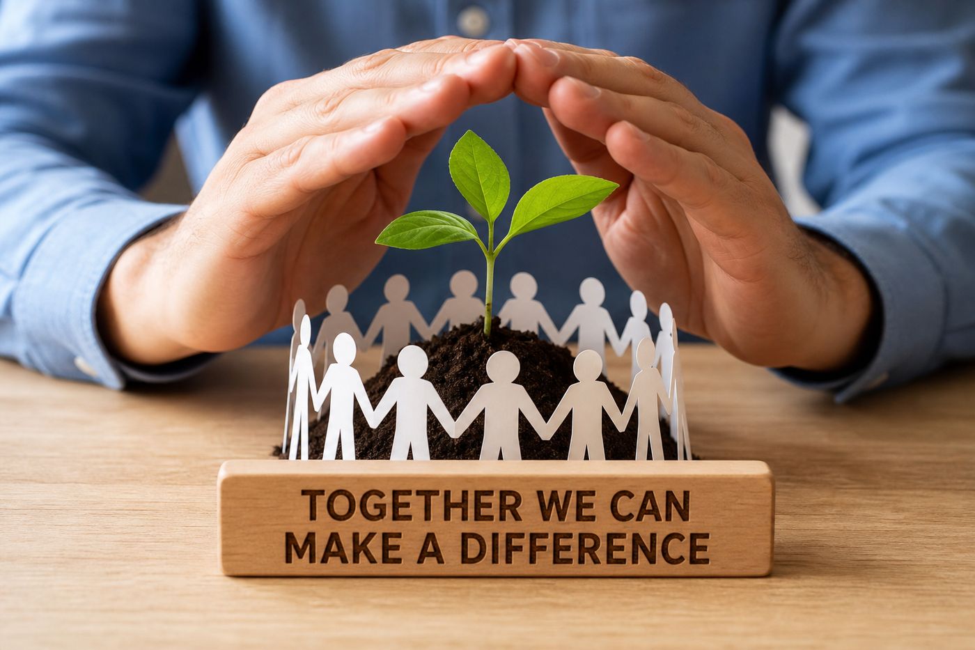 Hands protecting a young plant surrounded by paper people — Together we can make a difference